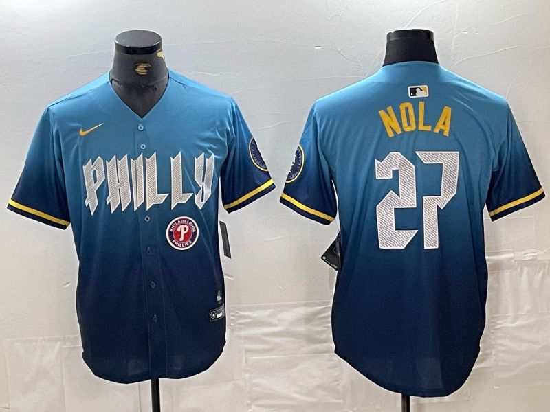 Men Philadelphia Phillies #27 Nola Blue City Edition Nike 2024 MLB Jersey style 4